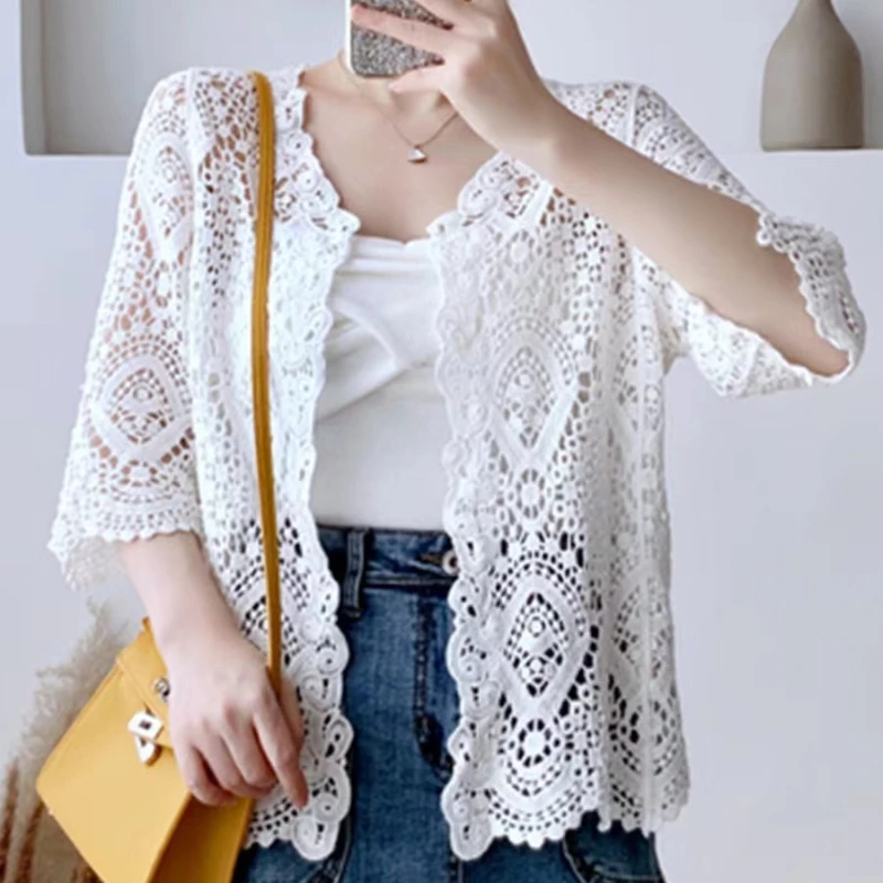 Women Knitted Lace Shrug Boho Hollow Crochet Floral 3/4 Sleeves Open Front Cropped Cardigan Elegant Mesh Sweater Coveup