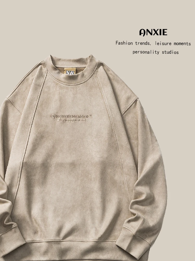

ANXIE Trendy Brand Women's Spring High Street Suede Hoodie round Ne Casual Loose Fit Couple Sweatirt