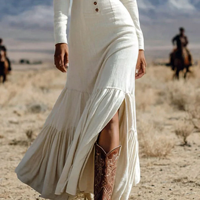 빈티지 스프링 U넥 버튼 플리츠 롱 드레스 여성 패션 솔리드 스플릿 보헤미안 드레스 가을 긴팔 슬림 맥시 드레스