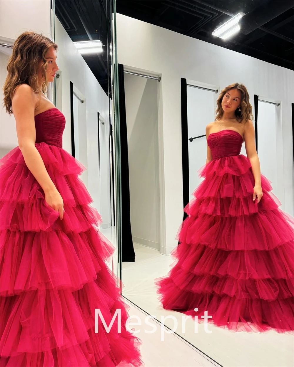 Customized Mesprit Simple High Quality Strapless A-line Evening Dresses Layered Floor Length Draped Organza Custom Dress