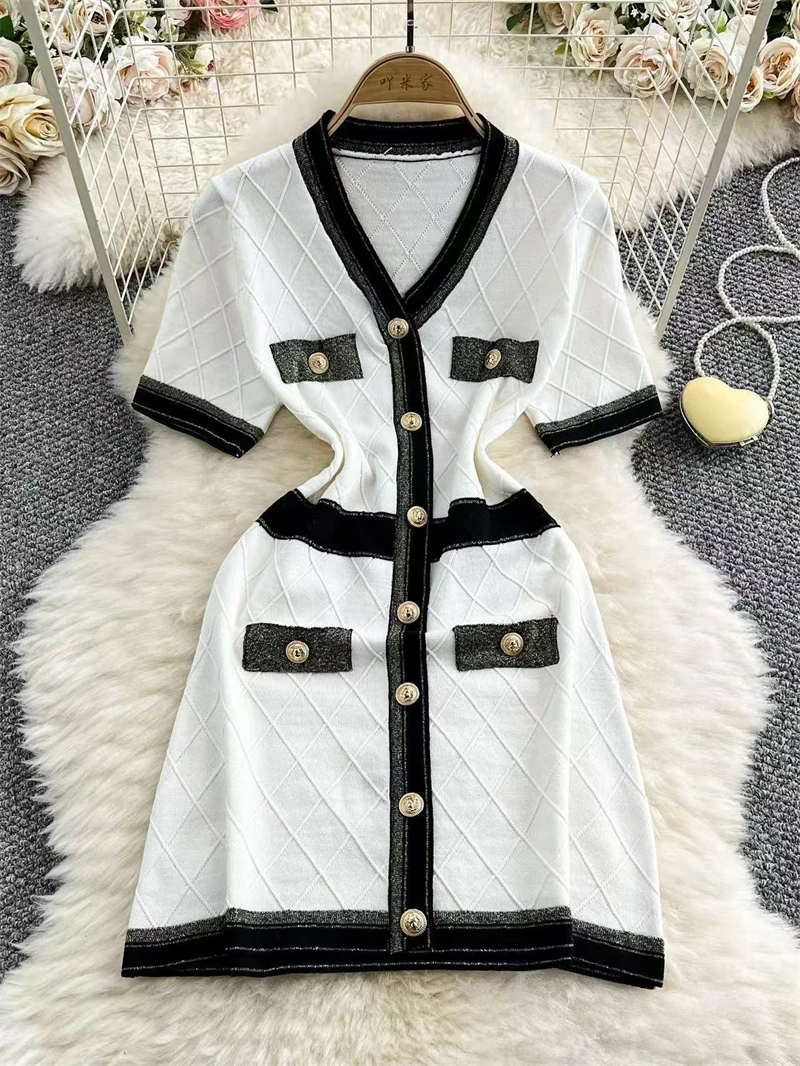 Vintage dekolt w serek wąska dzianina obcisła Mini sukienka damska letnia sukienka z krótkim rękawem jednorzędowe sukienki stylowa elegancka szykowna damska kamizelka