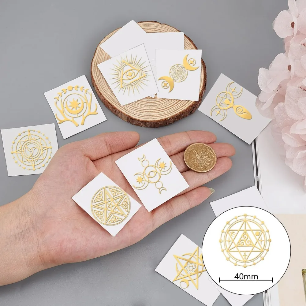 9pcs 1.6x1.6 inch Tarot Theme Stickers Self Adhesive Metal Stickers Witch Symbols Divination Stickers Golden Epoxy Making Kit