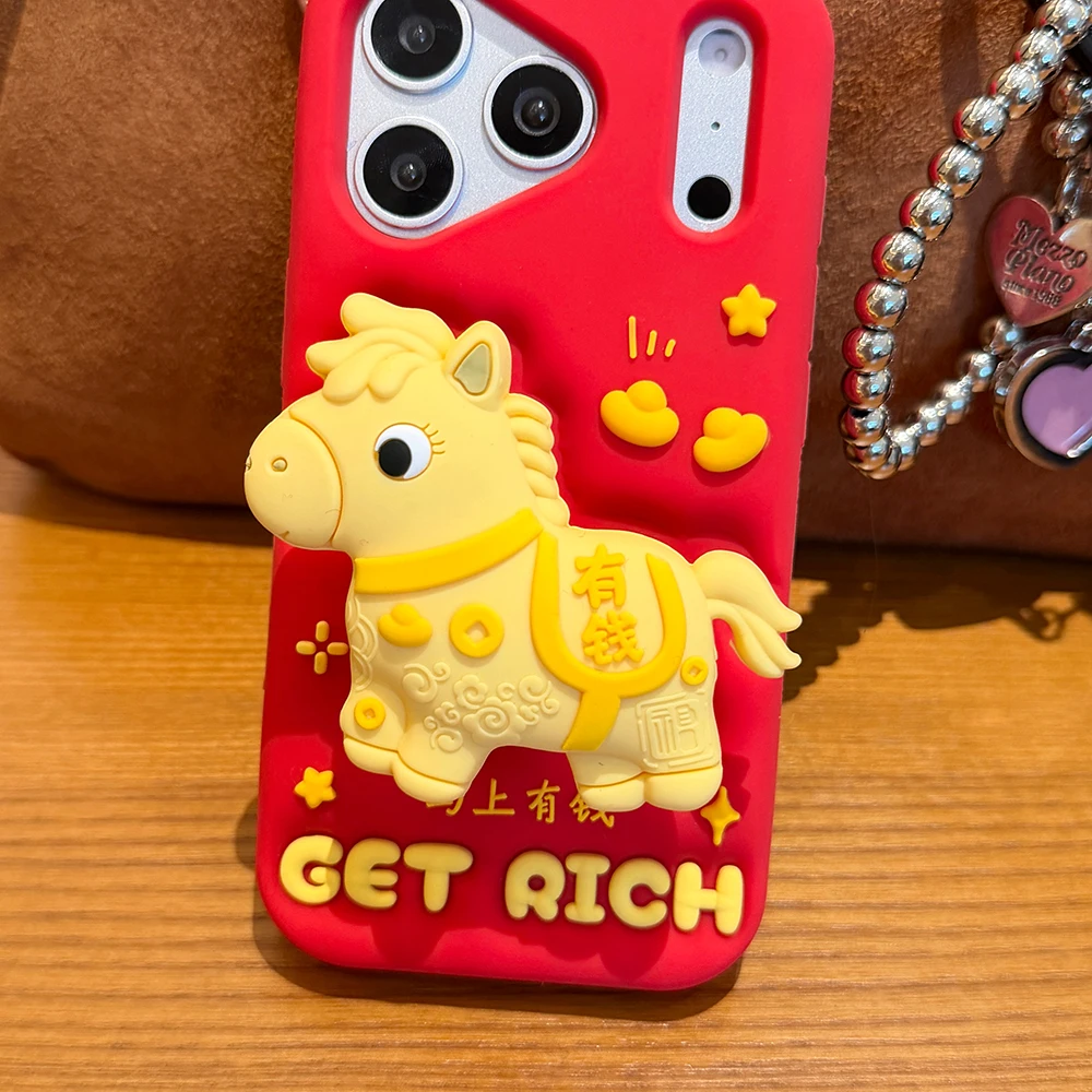 3D Get Rich Horse Teleskop-Halterungshülle, stoßfest, weiches Silikon, Ständerhalter-Abdeckung für iPhone 17 16 Plus 15 14 13 12 Pro Max – Detail 3