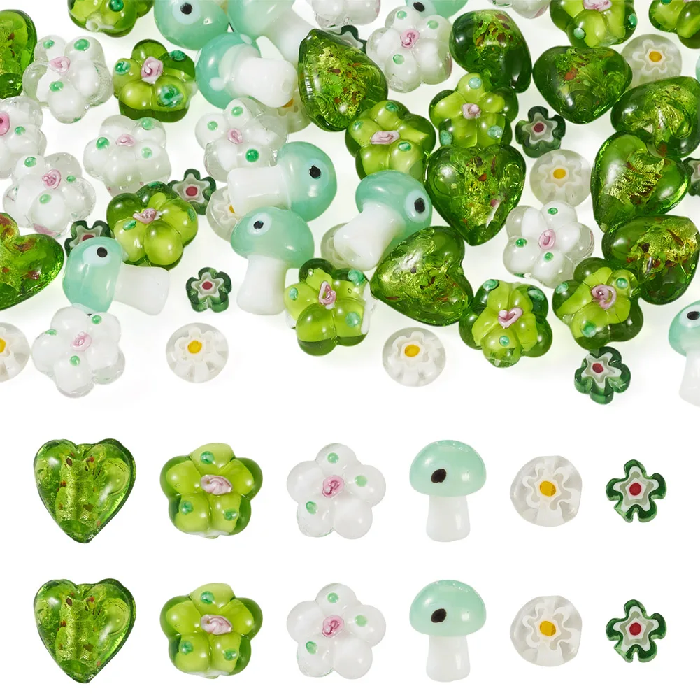 60pcs Handmade Lampwork Beads Mushroom Flower Heart Flat Round Murano Glass Beads for DIY Jewelry Making Craft Accessories