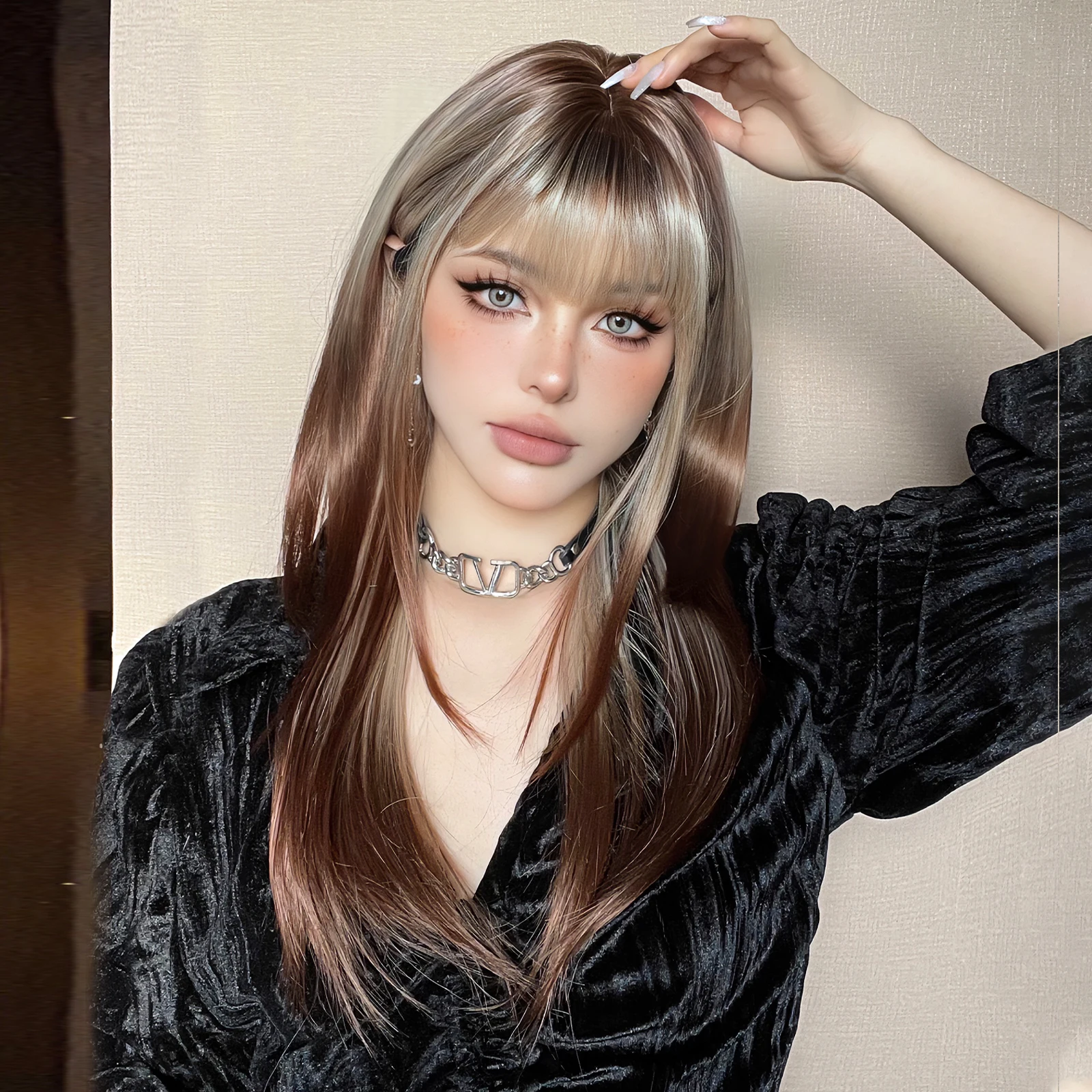 EASIHAIR Long Straight Layered Wigs with Bangs Ombre Blonde Brown Silky Synthetic Hair for Women Daily Party Wigs Heat Resistant