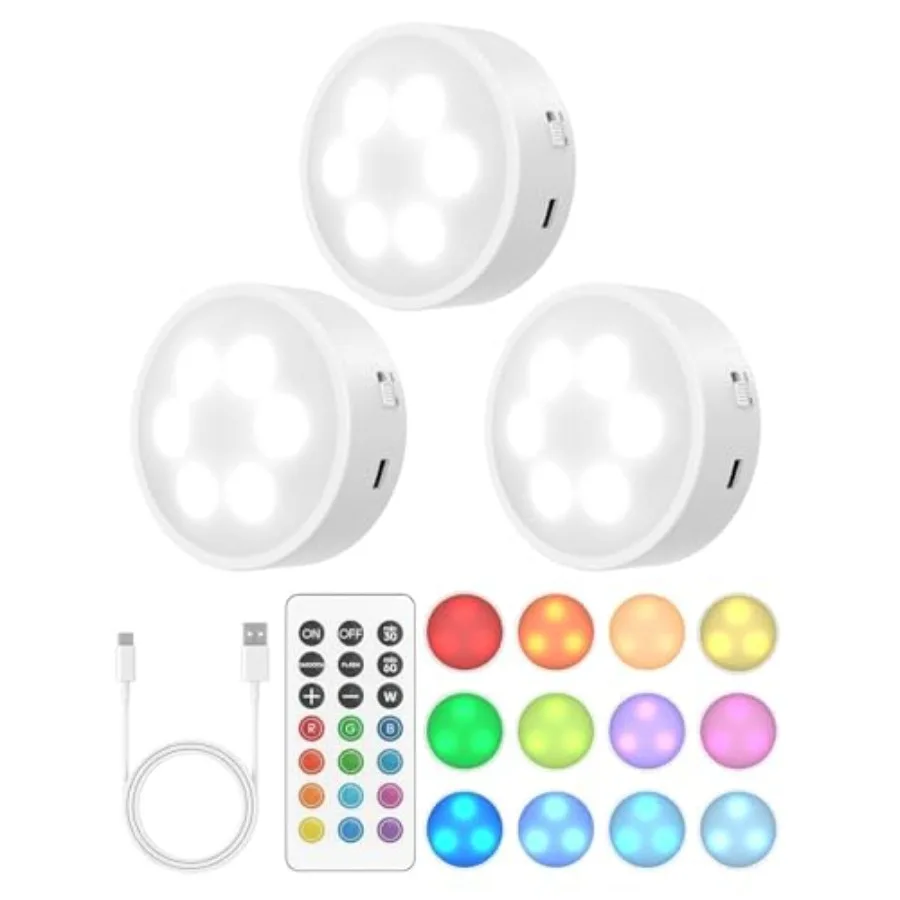 

Puck Lights with Remote, 13 RGB Colors LED Under Cabinet Lights, Rechargeable Baterry Operated Under Cabinet Lighting Tap Light