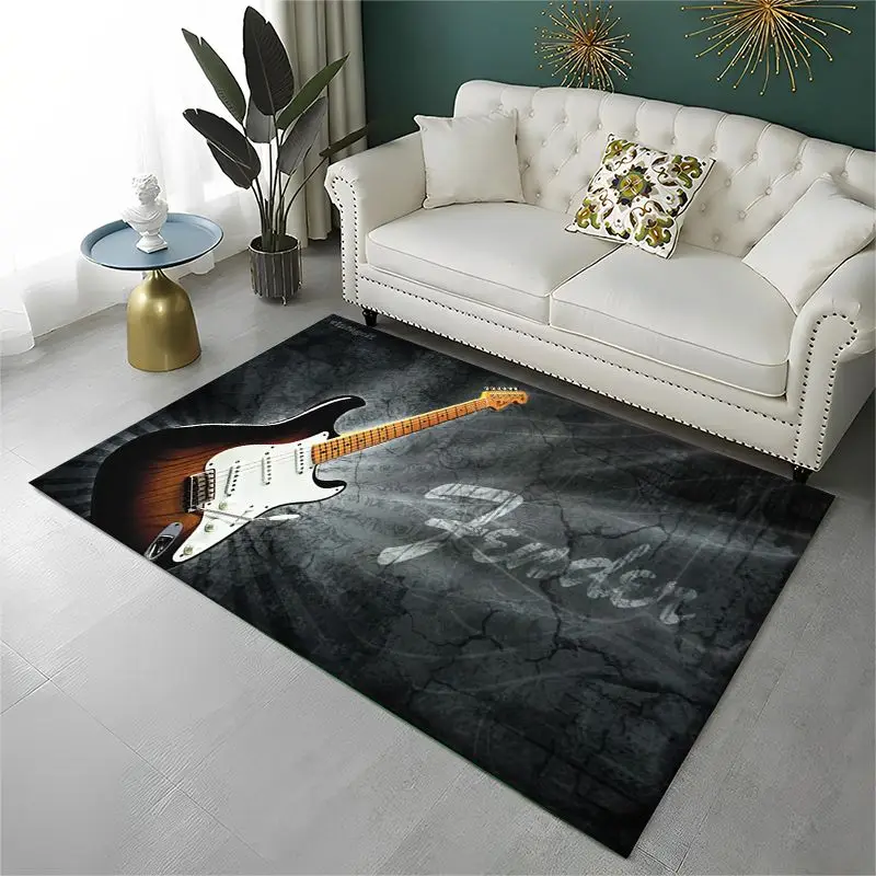 Retro Fender Guitar Logo Instruments Music Non-Slip Area Rug for Living Room,Bedroom,Playroom,Carpet Floor Mat Home Decor Rug