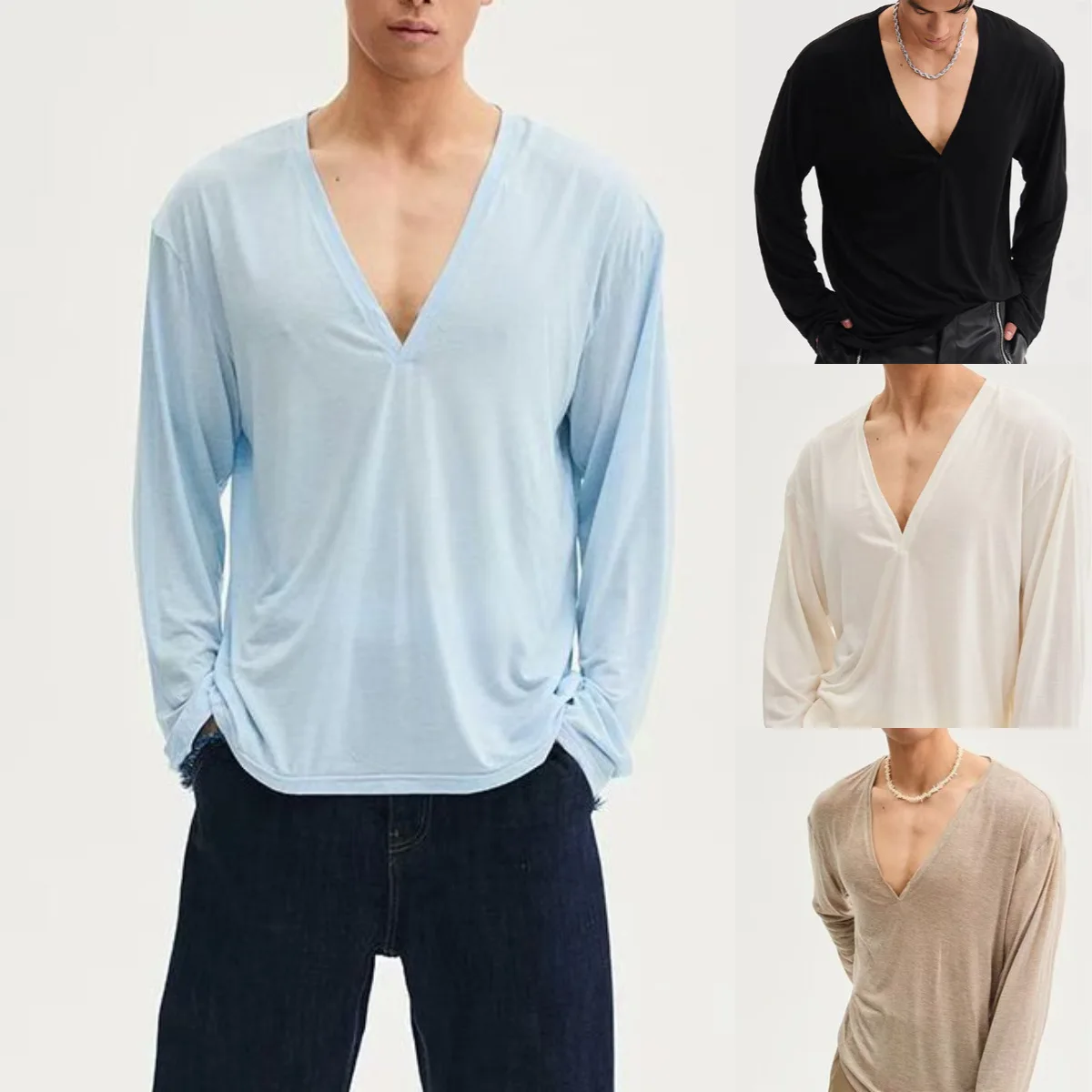 Micro-transparent Long-sleeved Shoulder-down Perspective T-shirt Men's Breathable Light Bottoming Shirt Summer Sunscreen Men