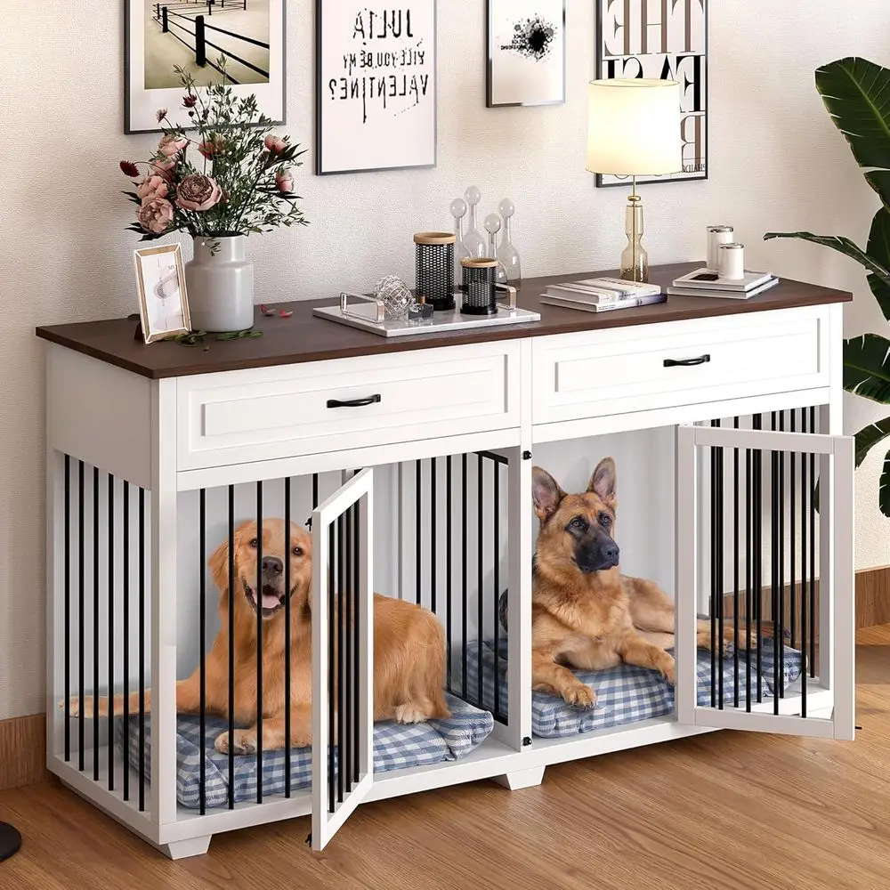 

Extra Large Wooden Dog Crate with 2 Doors and Divider, Heavy-Duty XXL Cage for Medium to Large Dogs, Indoor White