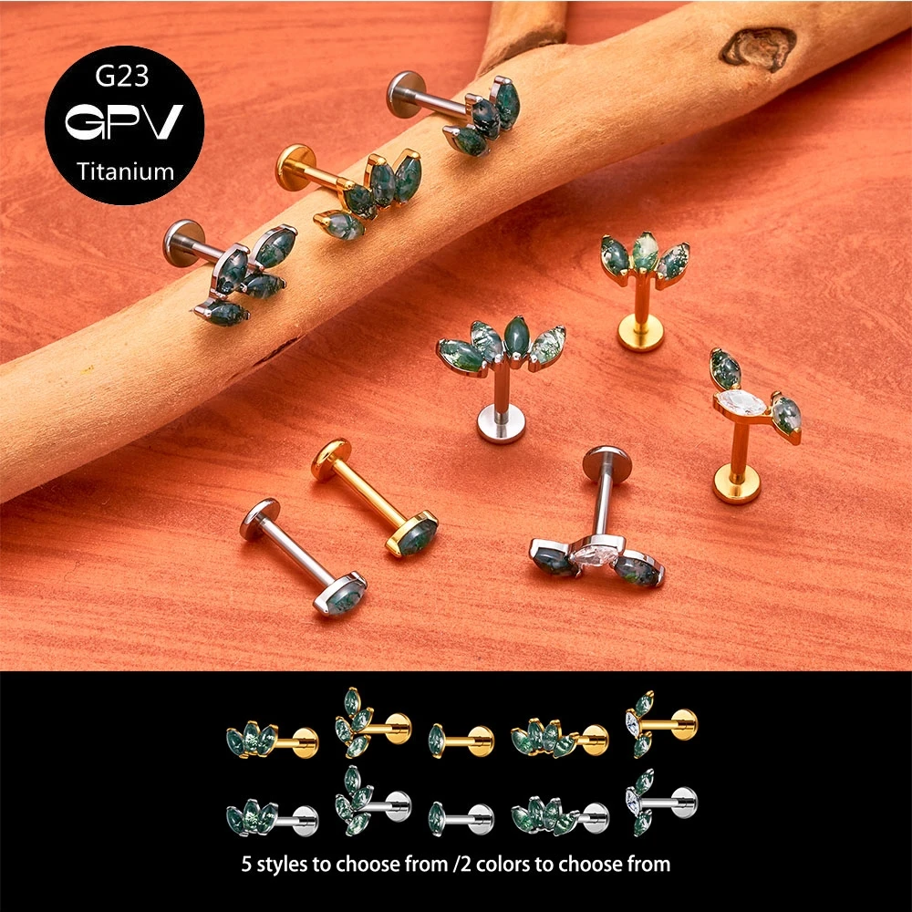F136 G23 Titanium Water Grass Agate Ear Cartilage Nail Luxury Fashion Women's Body Perforated Jewelry Ear Nails Lip Nails