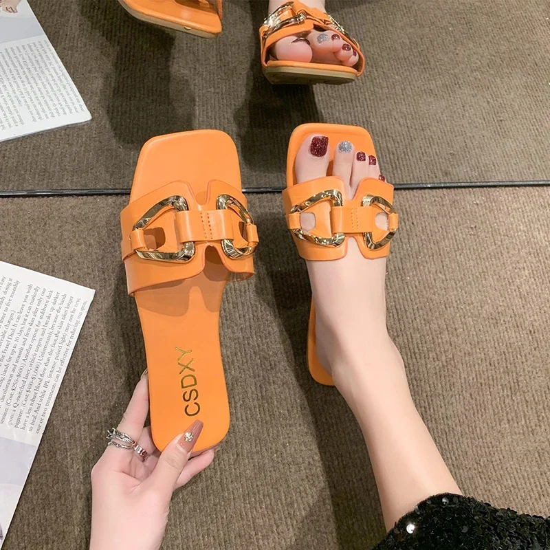 Luxury Women Slippers Buckle Design Small Incense Style Casual Wome's Flat Slippers External Wear Summer SandyBeach Woman Slides