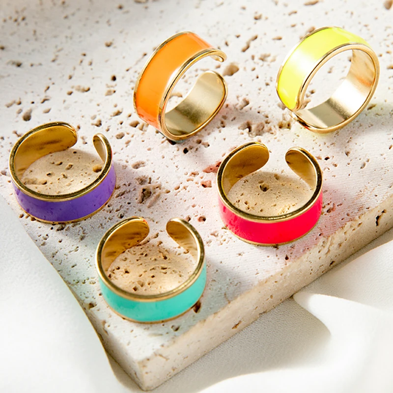 Boho Colorful Enamel Rings for Women Stainless Steel Ring Wide Adjustable Open Rings Aesthetic Women Jewelry Gifts anillos mujer