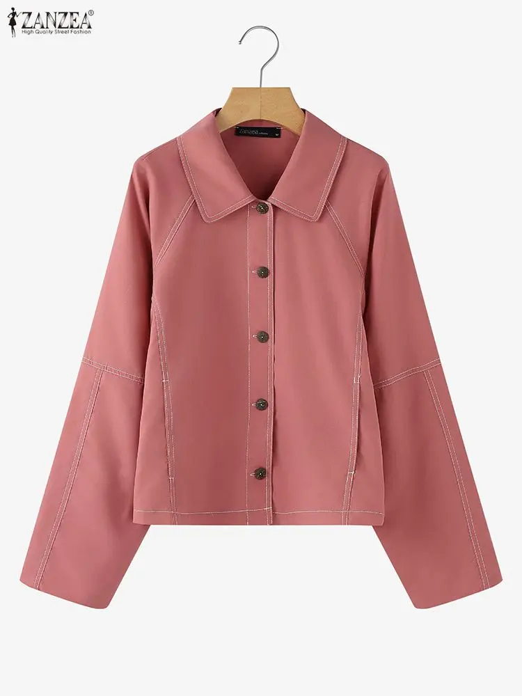 

Модные куртки ZANZEA 2024, женские однобортные повседневные пальто с длинными рукавами, осенние однотонные карманы, уличная одежда, пальто с карманами