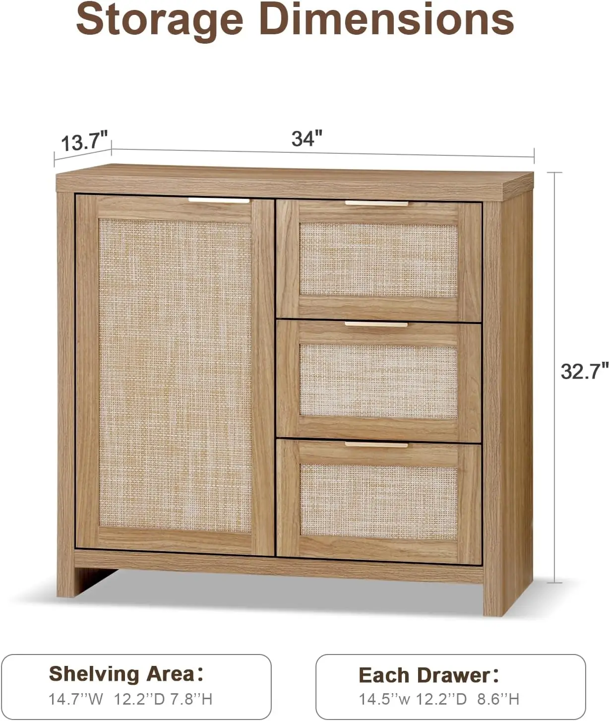 Storage Set, Rattan Sideboard Buffet Cabinet with 3 Doors and 3 Drawers, 65.4