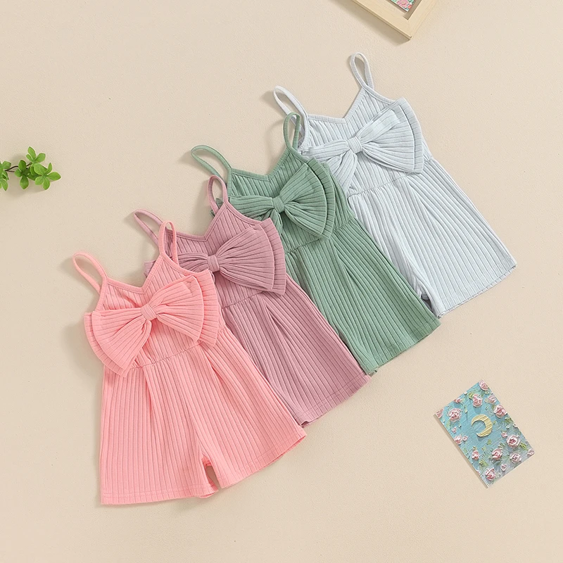 

2024-03-28 Lioraitiin 6M-4Y Summer Kids Baby Girl Ribbed Jumpsuit Cute Bow Sleeveless Romper Shorts Cute Clothes