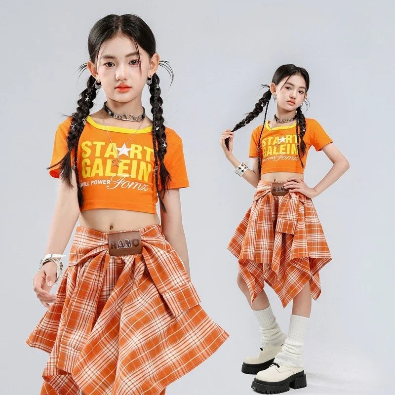 

New Girls Hip Hop Cool Streetwear Clothes Sets Fashion Orange Crop Top Plaid Skirt Jazz Stage Wear Group Street Dance Costumes