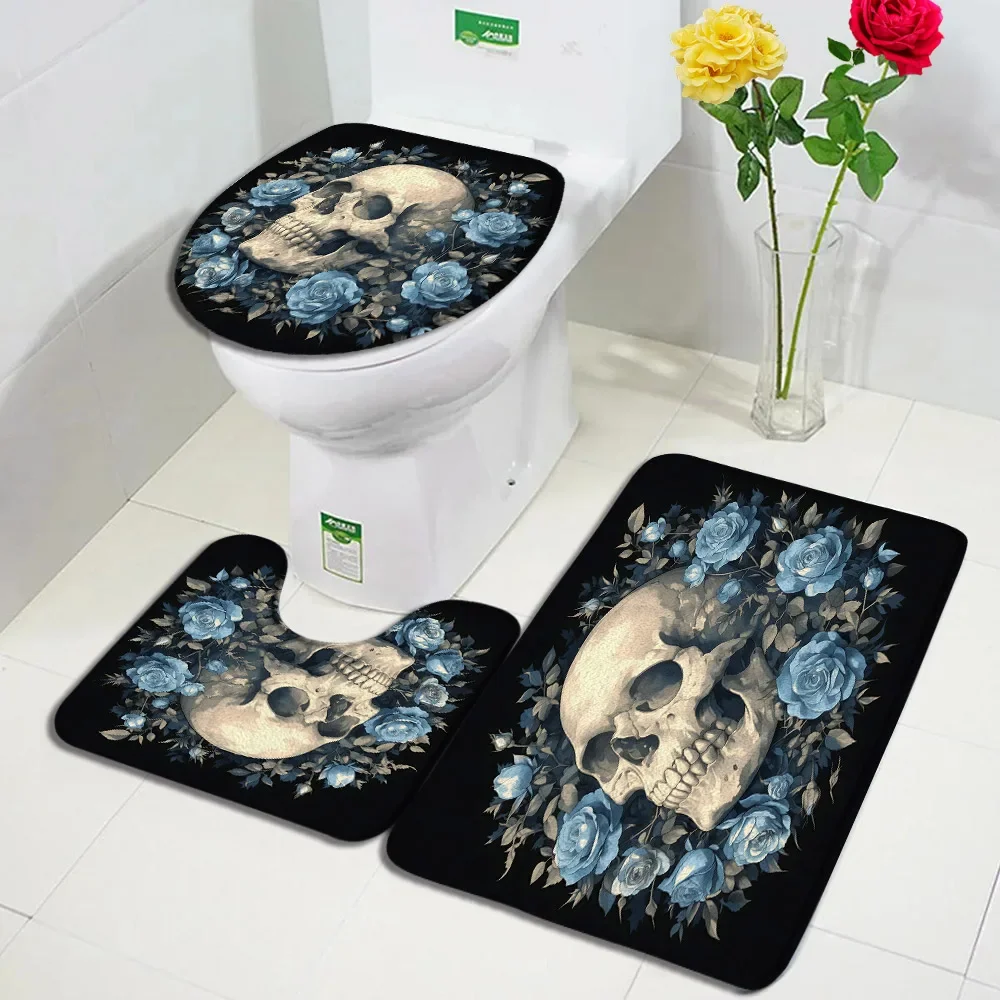 Blue Floral Skull Bath Mat Set Horror Skeleton Halloween Black Carpet Home Bathroom Decorative Floor Rug U-mats Toilet Lid Cover