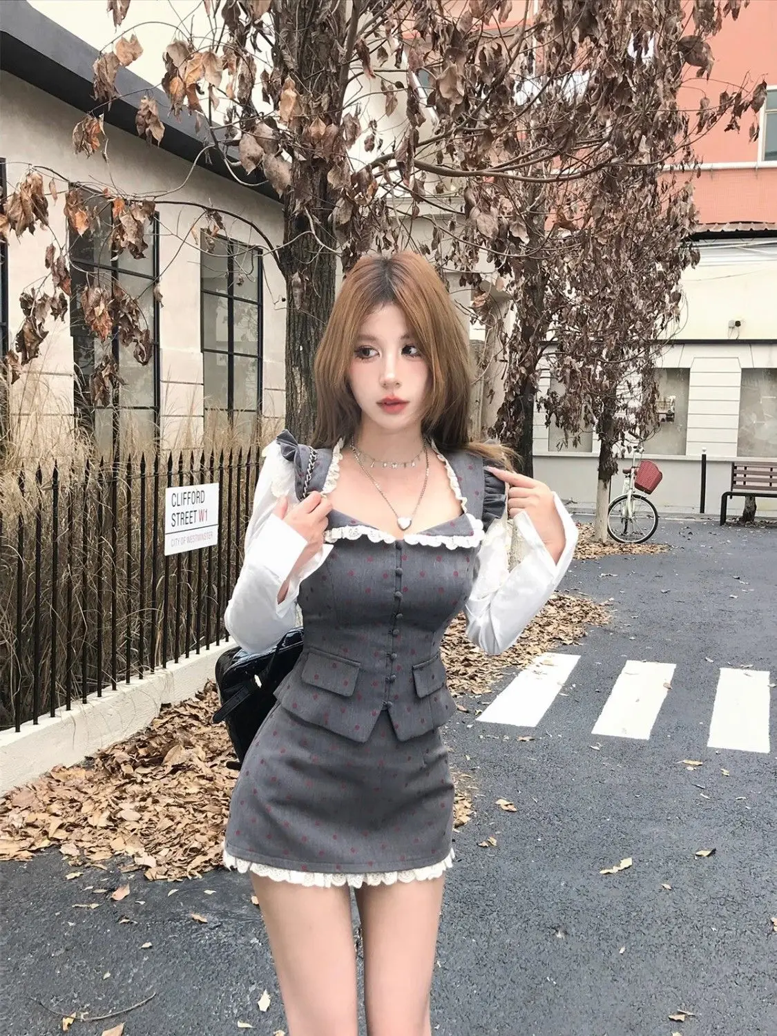 Winter Gray Vintage New Two Piece Set Women Kawaii Lace Tops+sweet Mini Skirt Female Korean Fashion Elegant Japanese Suit 2024