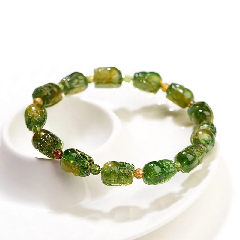 Natural Yellow Green Tourmaline Lucky Country Style Bracelet for Men and Women Green Carved Pixiu Plate Beads Beaded Couple Gift