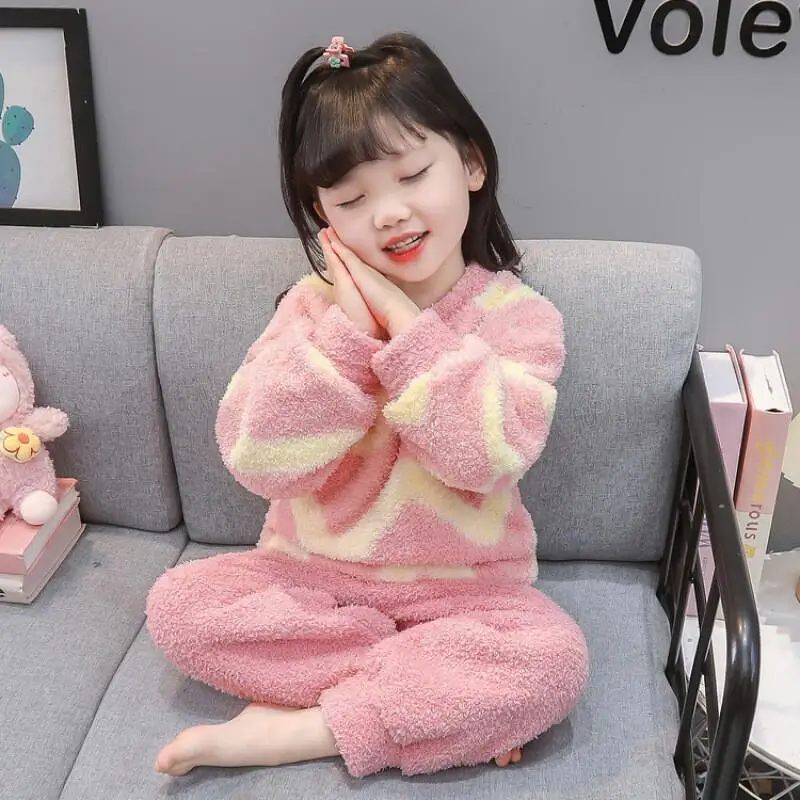 

Зимние пижамы из кораллового флиса для девочек от 7 до 12 лет, утепленная домашняя одежда, полосатая одежда для сна, удобная ночная одежда, детская одежда