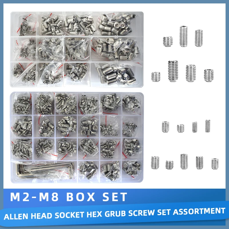 

M2 M3 M4 M5 M6 M8 Set Screws Assortment Kit Metric 304 Stainless Steel Grub Screw Cup Point Hex Head for Door Handle Home Repair