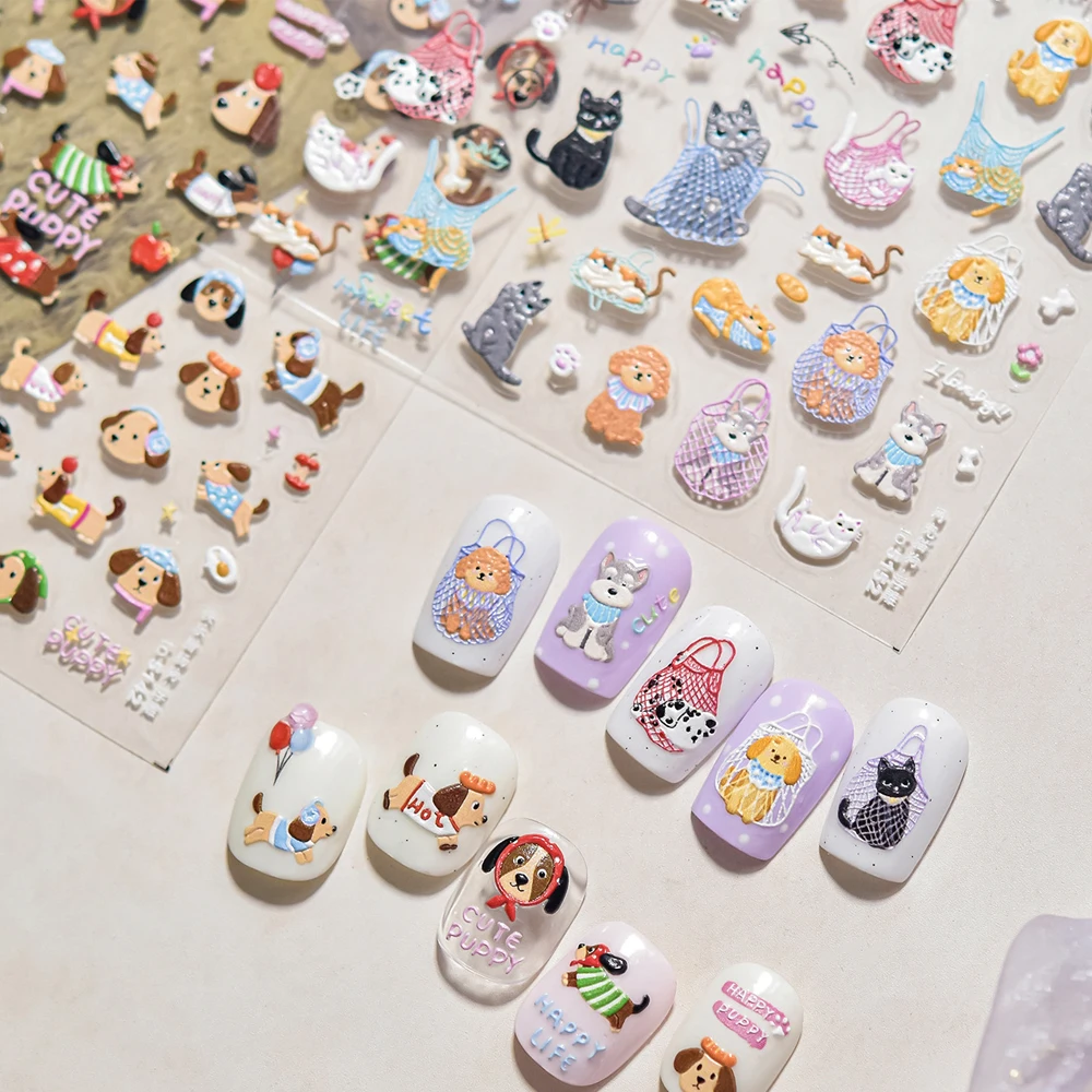 Mesh Net 5D Nail Art Aufkleber Schöne Katze Hund Libelle Floral Kirsche Pfotenabdruck Knochen Welpe Kätzchen Selbstklebender Maniküre Aufkleber