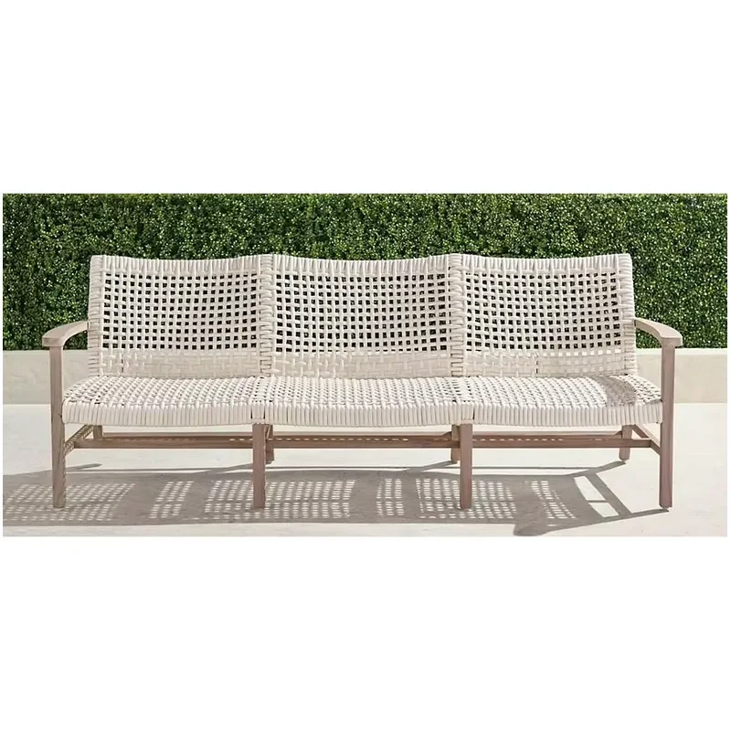 Outdoor Patio Rattan Weaving Furniture 3 Seat Garden Solid Wooden Teak Sofa