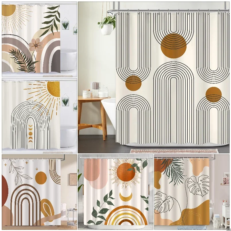 Abstrakter böhmischer Duschvorhang, mittelalterlicher Bogen, Sonnenblatt, moderne, minimalistische, ästhetische Linie, geometrischer, dekorativer Duschvorhang