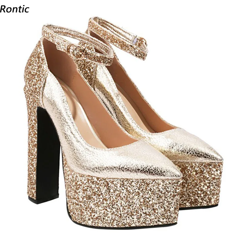 

Rontic/Новое поступление, женские весенние туфли-лодочки с ремешком на щиколотке, массивные каблуки с острым носком, красивые золотистые, серебряные туфли для вечеринок, размер США 3-10,5