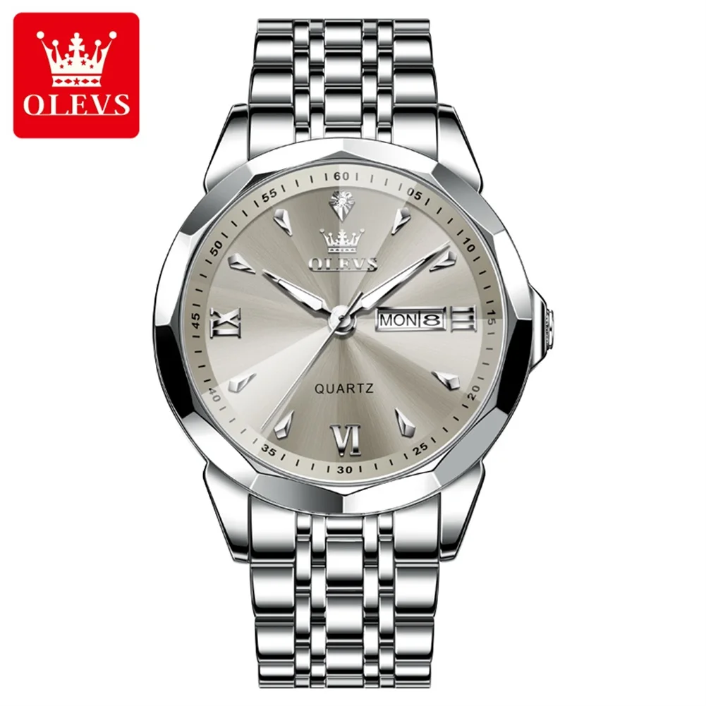 OLEVS 9998 Luxury Business Stainless Steel Waterproof Quartz Watch for Men and Women, with Day-Date Display