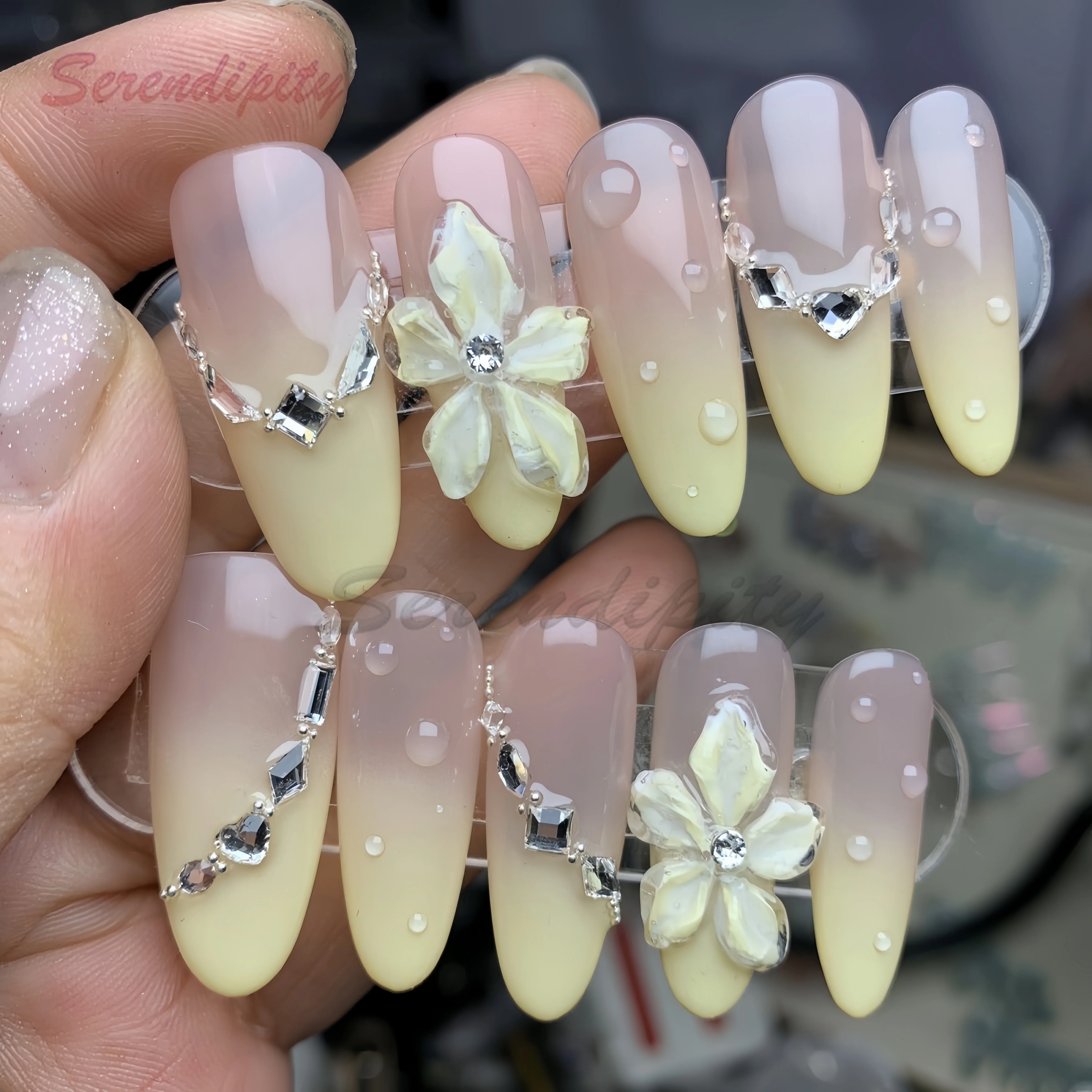 10Pcs Press on Nails Handmade Manicure Medium Length Almond Fake Nails New Limited Nails Design with Adhesive Nail File Set