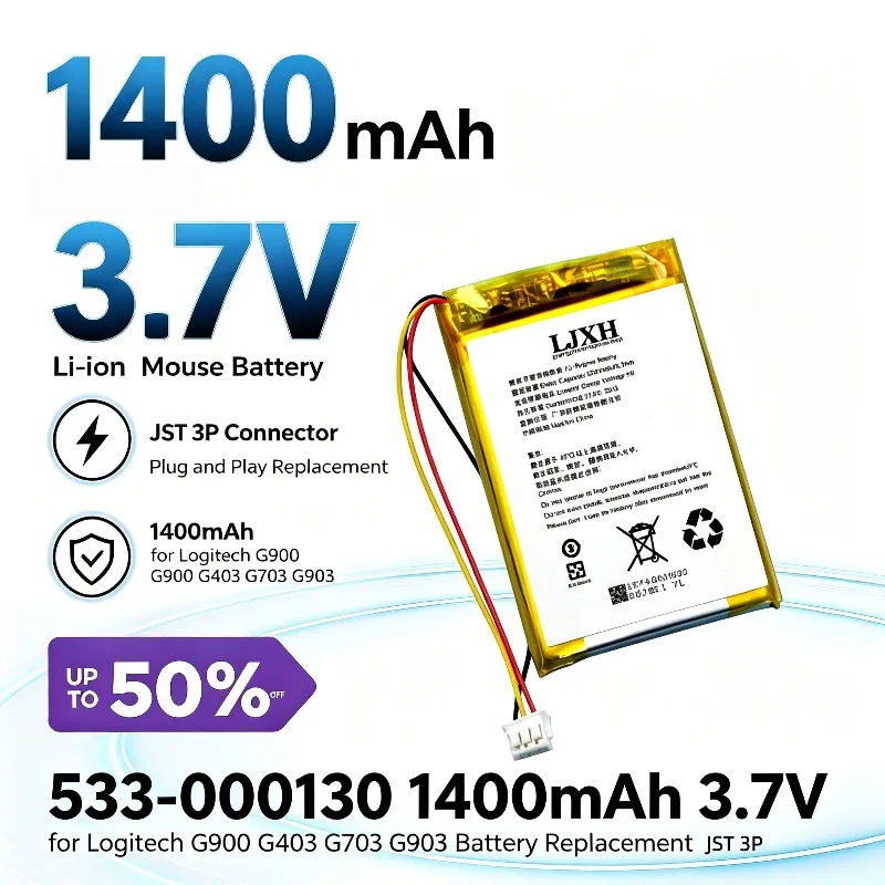 533-000130 1400mAh 3.7V for Logitech G900 G403 G703 G903 Battery Replacement JST 3P