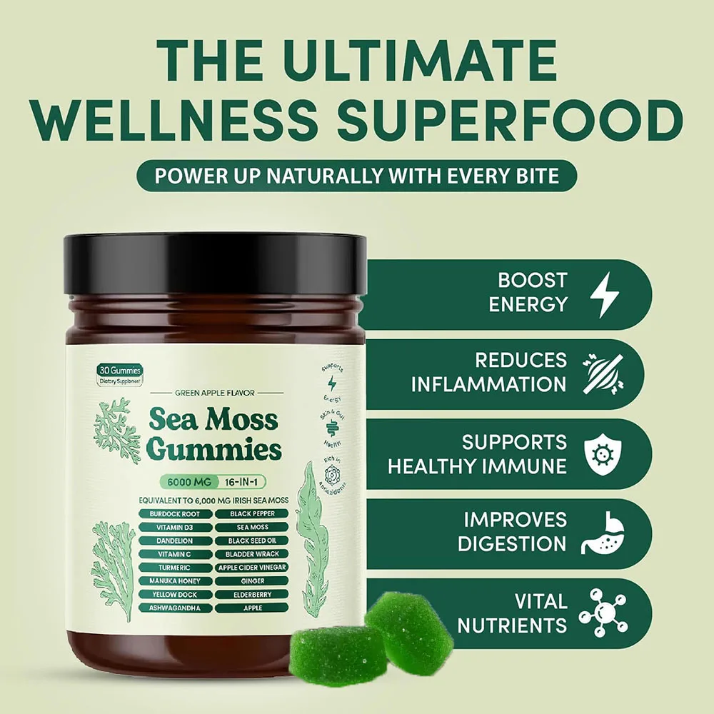 

Irish Sea Moss Gummies - 6000mg Equivalent Per Serving with Bladderwrack & Burdock Root - Seamoss Supplement for Thyroid, Energy
