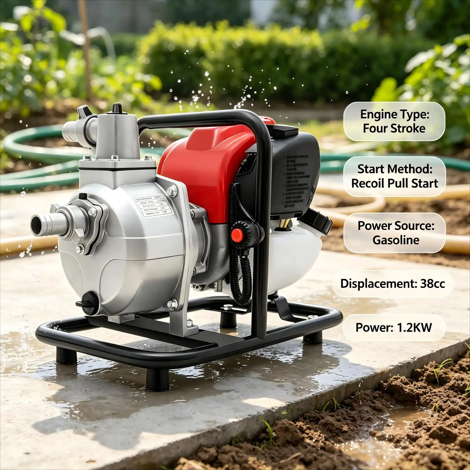 Benzinmotor-Wasserpumpe 1,2KW, 38cc 4-Takt Benzinbetriebene Wasserpumpe mit Seilzugstart für Landwirtschaftliche Bewässerung