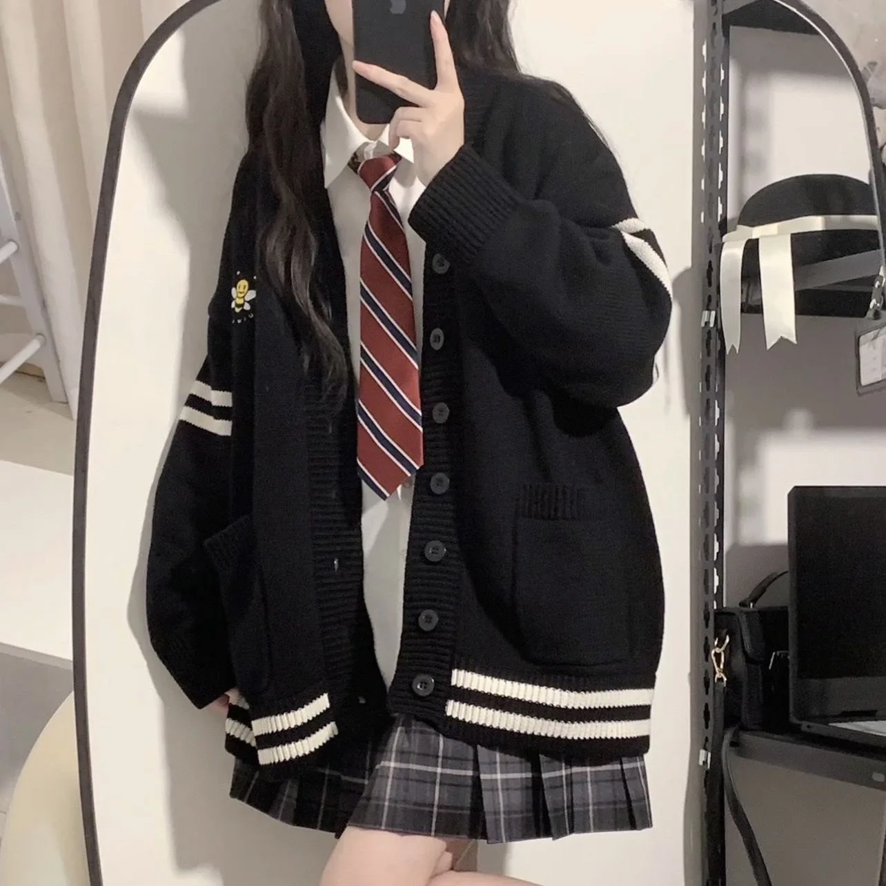 Women's School orm Sle JK Skirt Set Knitted Cardigan Sweater Coat Pleated Skirt Tee Piece Set Student Faion