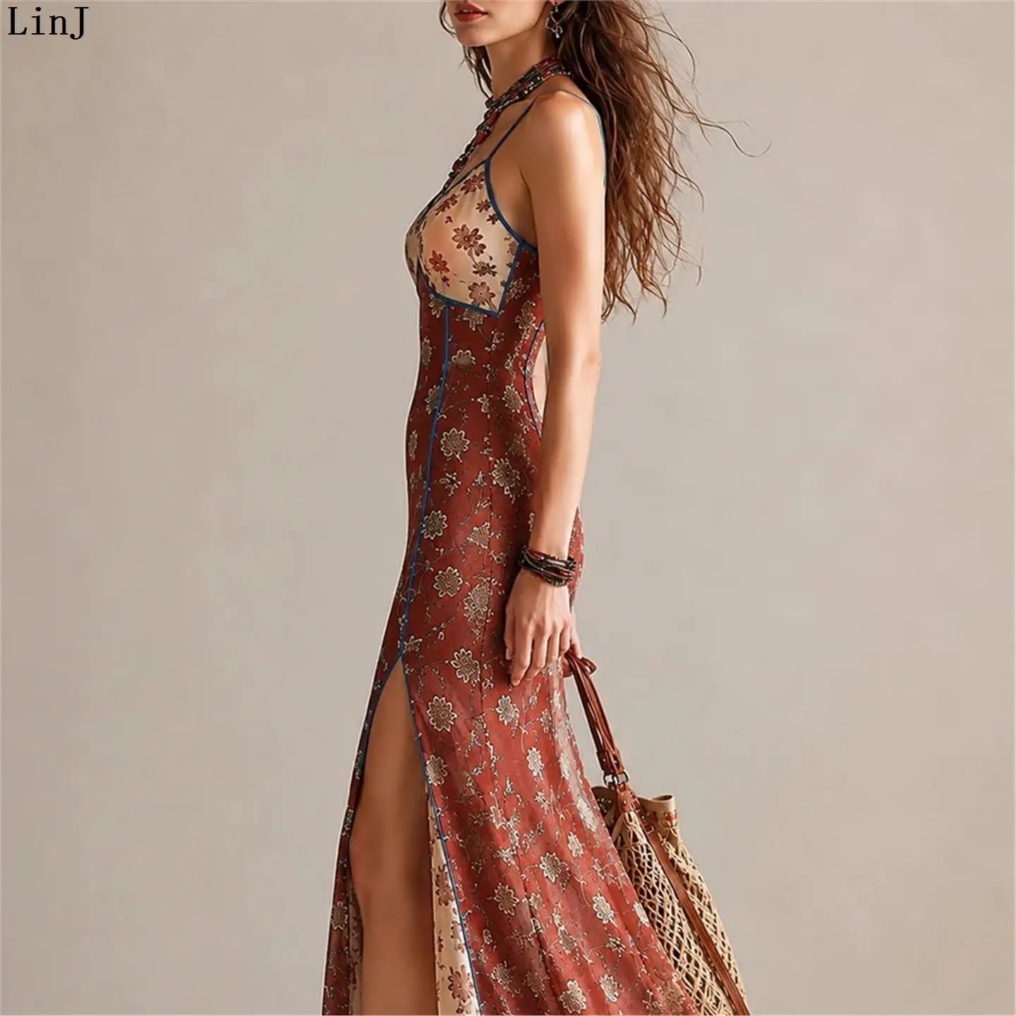 LinJ2026 Women's Vacation Retro Red Bottom Floral Contrast Color Block Slim Fit V-neck High Slit Fish Tail Dress