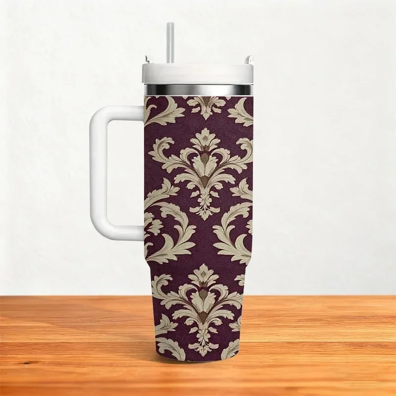 Elegant Damask Baroque Pattern 40Oz Stainless Steel Insulated Tumbler, Deep Purple Background with Intricate Light Beige Floral Swirl Print, Stylish Digital Print Drink Cup for Daily Beverage Use