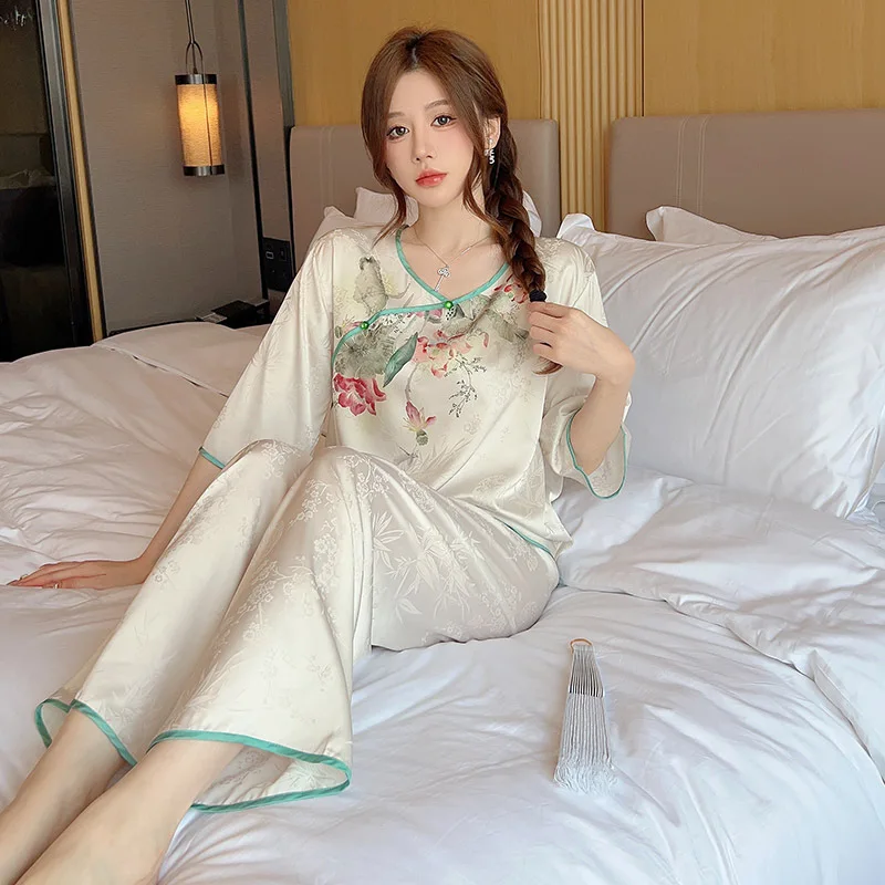 Pajamas Women's Spring and Summer Ice Silk Mid Sleeved Long Pants Two-piece Set Chinese Style Retro Home Clothes