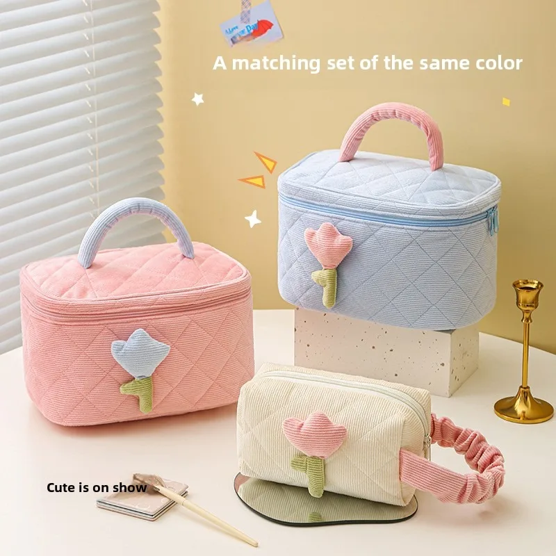 ins corduroy cosmetic bag, high-end cute niche women's storage bag, portable large-capacity cosmetic storage bag