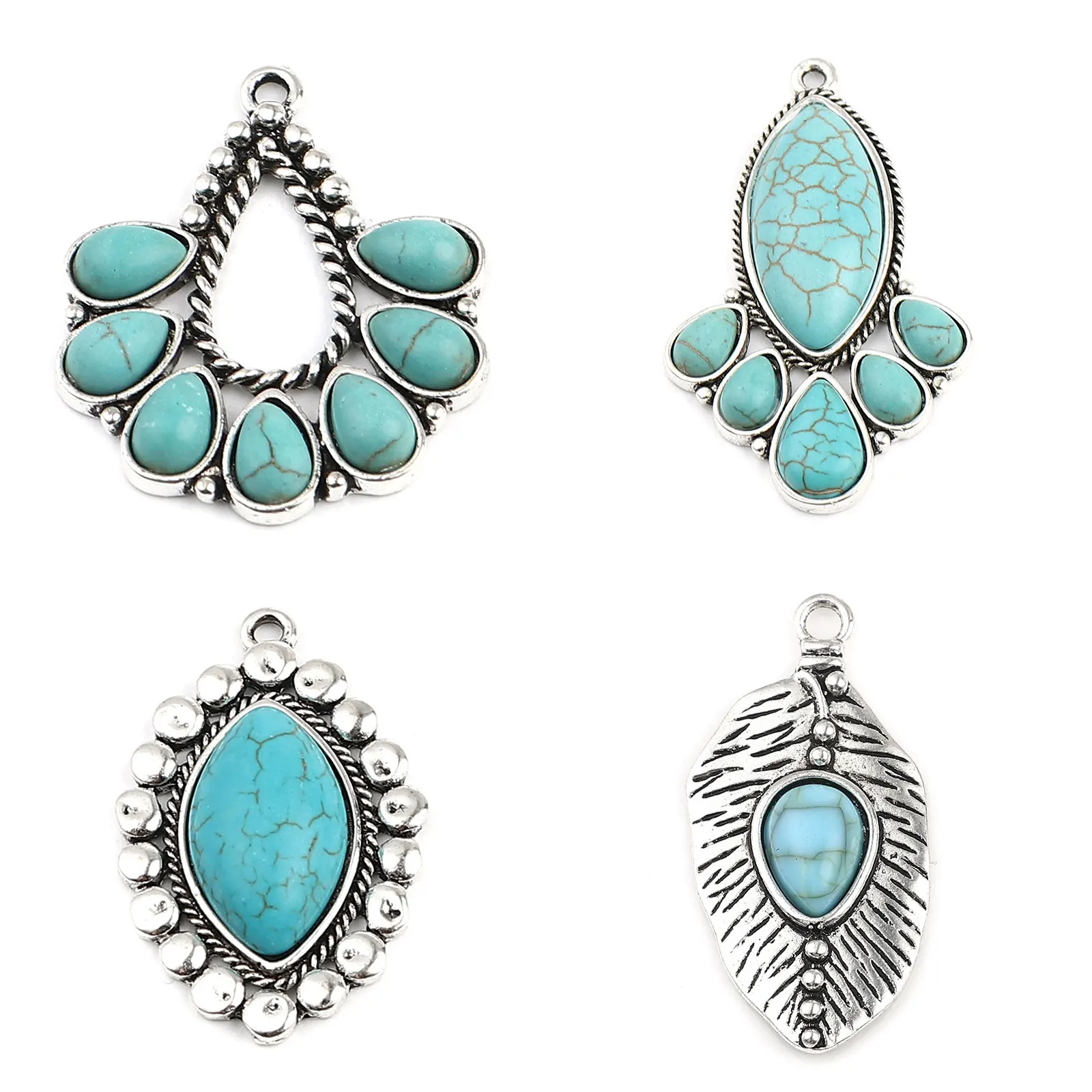 Bohemian Geometic Metal Pendants Marquise Antique Silver Color Green Blue  Charms DIY Necklace Jewelry,1-5PCs