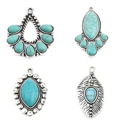 Bohemian Geometic Metal Pendants Marquise Antique Silver Color Green Blue Charms DIY Necklace Jewelry,1-5PCs
