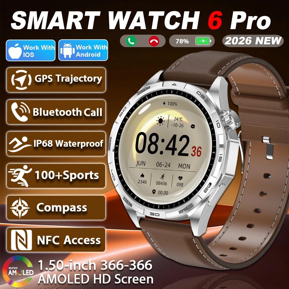 

New Watch 6 Pro Outdoor Sport Smart Watch Men 1.5 inch HD AMOLED Screen GPS Altitude Pressure IP68 Waterproof BT Call Smartwatc