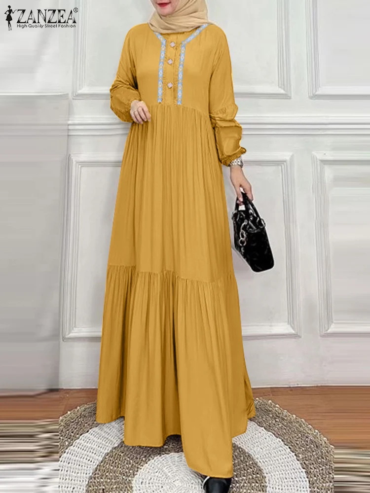 ZANZEA Elegant Women Muslim Dubai Turkey Abaya Hijab Dress Autumn Vintage Floral Maxi Sundress Casual Loose Islamic Clothing