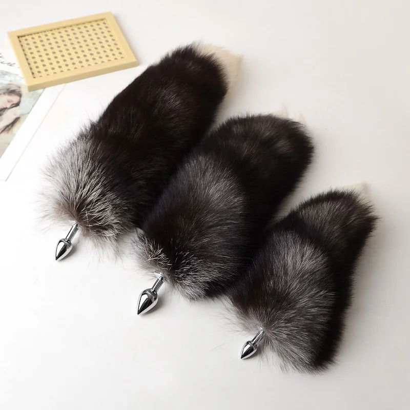 BDSM Alloy Threaded Anal Sex Toys with 30-100cm Detachable Fluffy Silver Black Real Fur Fox Tails for Couple Erotic Accessories