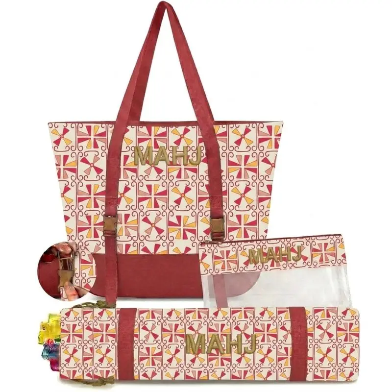 rk pastoral geometric retro mahjong bag three-piece set, large-capacity handbag, portable cosmetic bag