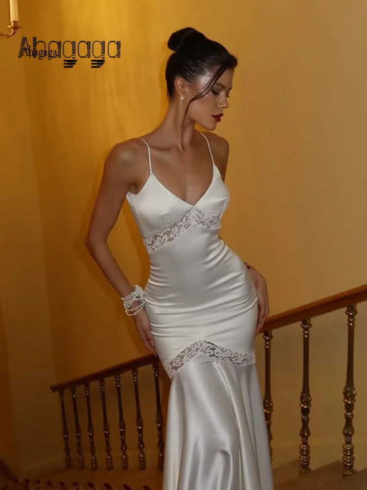 

Ahagaga Elegant Dresses For Women Straps V-Neck Lace Patchwork Sheath Solid Backless Trumpet Party Trend Camisole Female Vestido