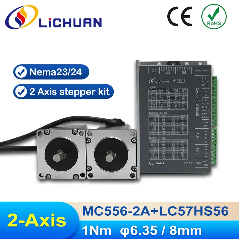 Lichuan Nema23 CNC 2-Axis Stepper Kit 1Nm 3A 57mm Open Loop Stepper Motor Driver, External Pulse Input+IO Spontaneous Pulse