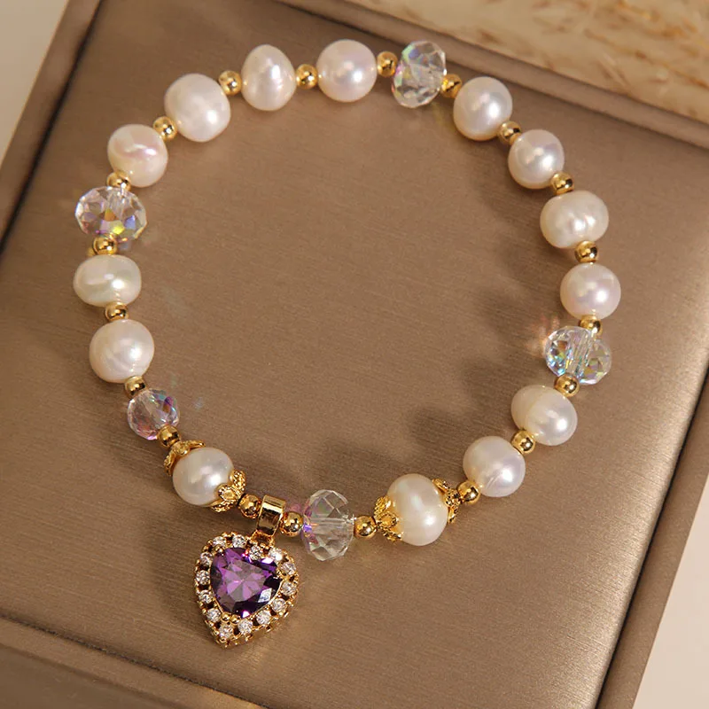 

Freshwater Pearl Bracelet for Female Summer Ins Niche Design Purple Heart Bracelet Gift for Best Friend Student Wristband