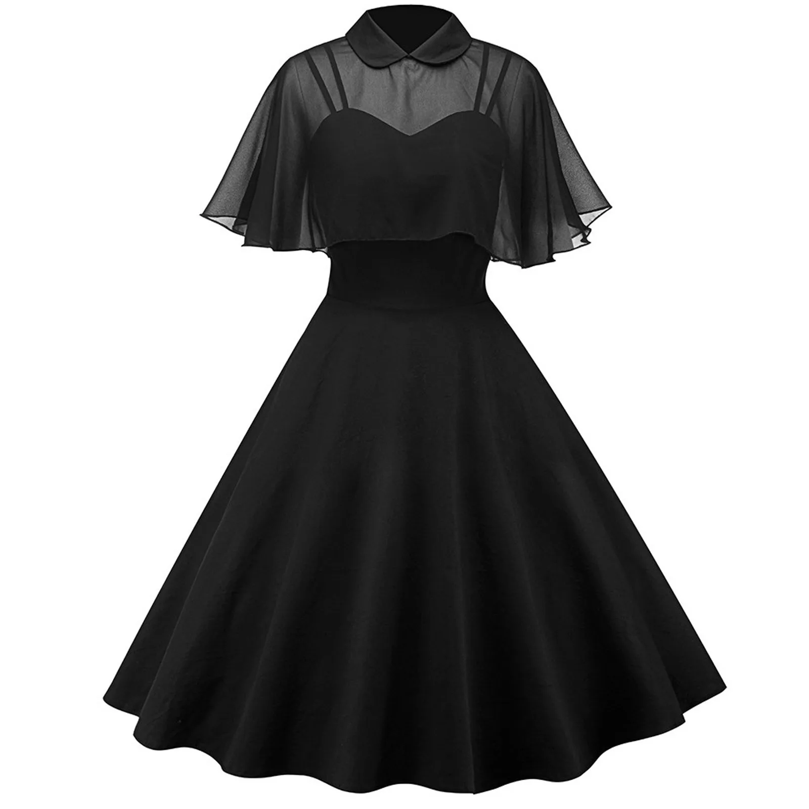 Women's Dress Turn Down Collar Chiffon Cape Vintage Two Piece Dress Women 50s Elegant Party Wear Summer A Line Midi Swing Dress