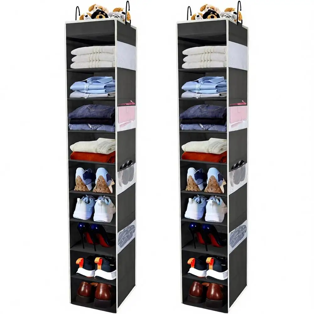 

Large-Sized Hanging Shoe Organizer, 10-Shel, 8 Side Pockets, Wider Hanging Shelves, Storage Shoes Clothes Jeans Shirts Toys, Bla